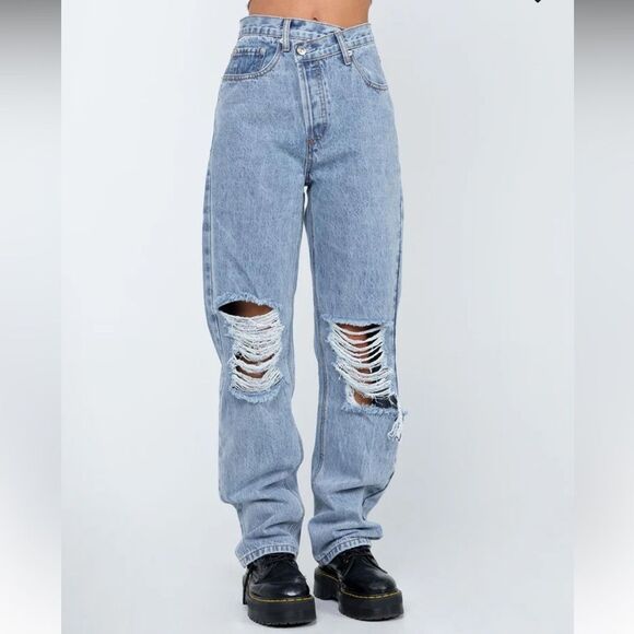Princess Polly 8 Holly Asymmetric Rip Leg Jeans Light Wash Denim‎ Baggy New - Picture 1 of 12